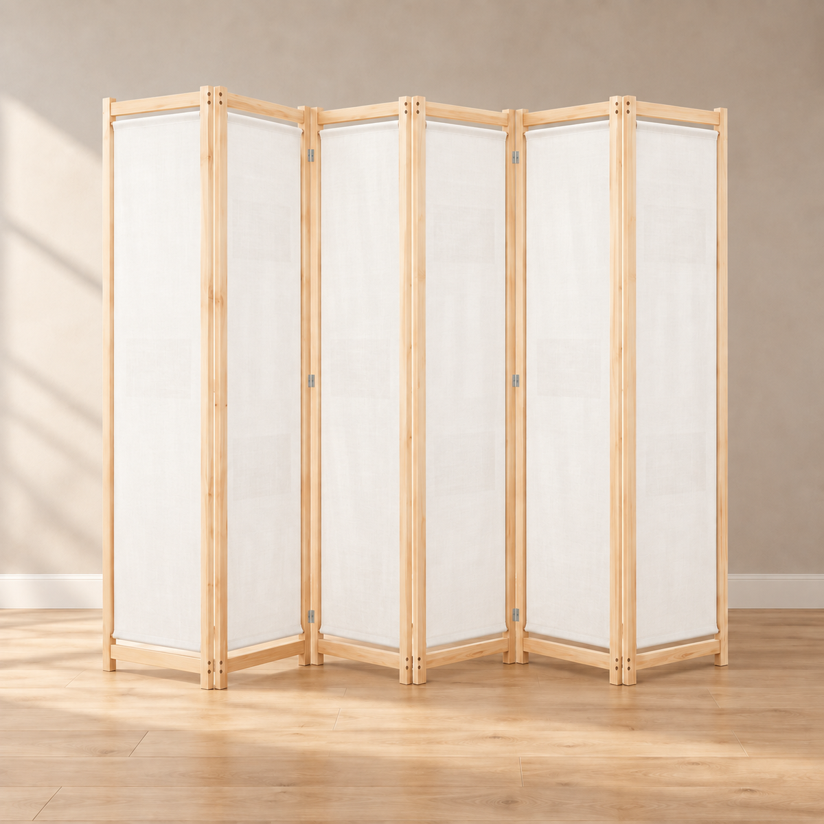 Paravent 6 panneaux tissu blanc crème, cadre bois, 240 x 170 cm — autre angle