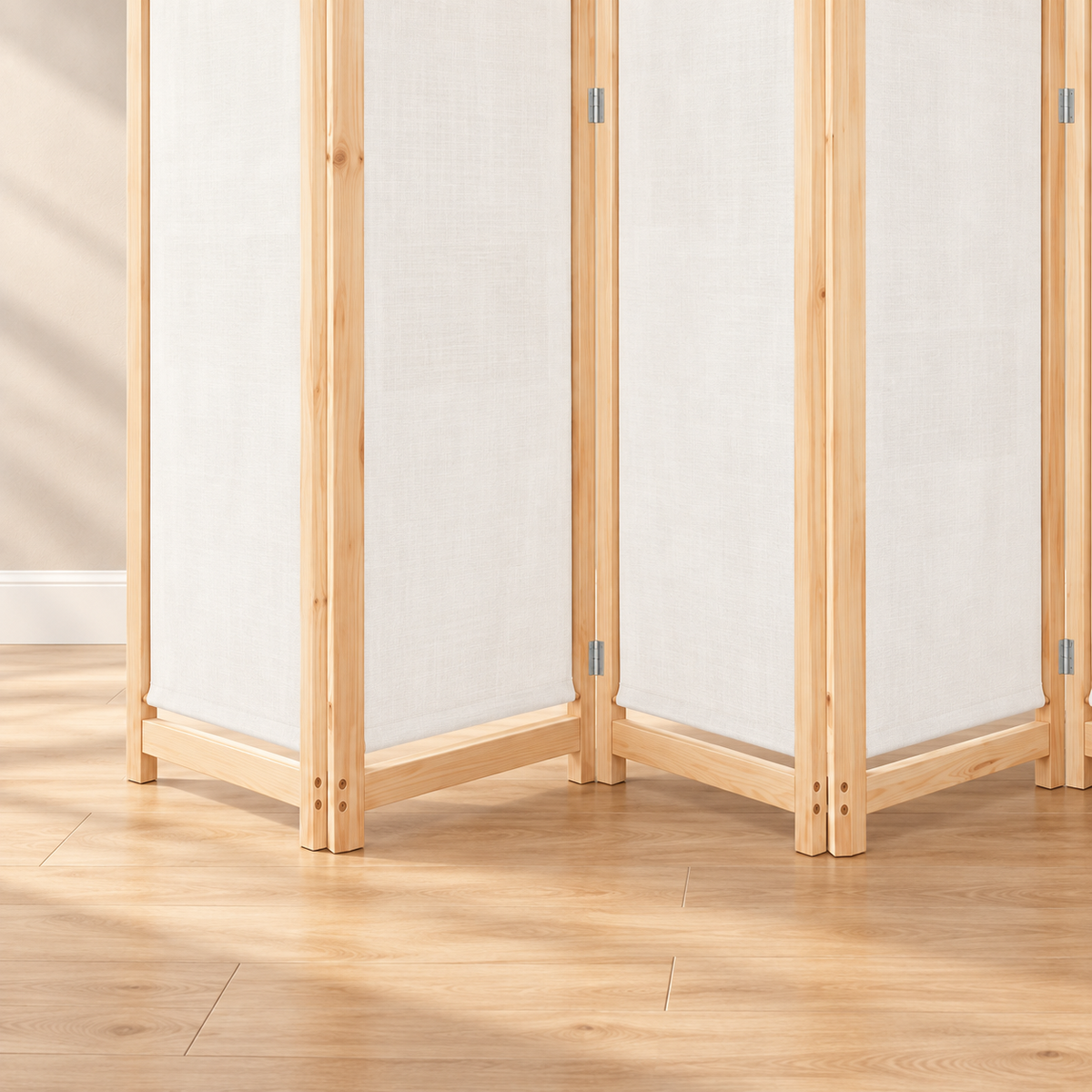 Paravent 6 panneaux tissu blanc crème, cadre bois, 240 x 170 cm — détail du bas