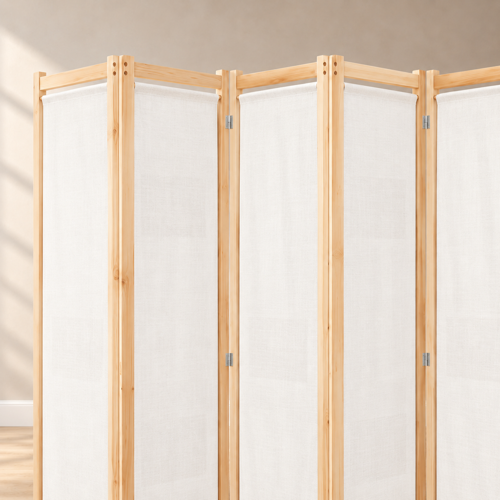 Paravent 6 panneaux tissu blanc crème, cadre bois, 240 x 170 cm — détail du haut