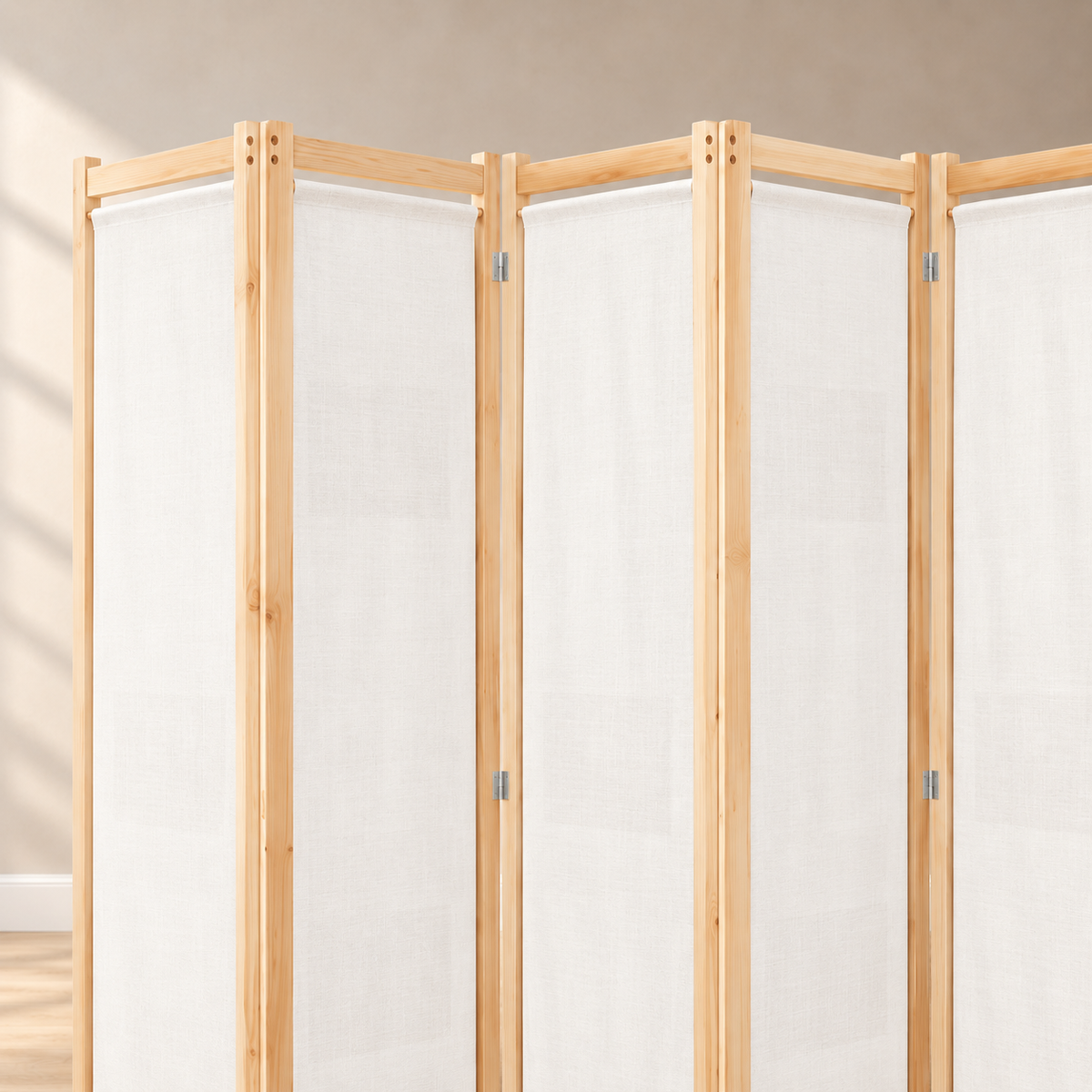 Paravent 6 panneaux tissu blanc crème, cadre bois, 240 x 170 cm — détail du haut