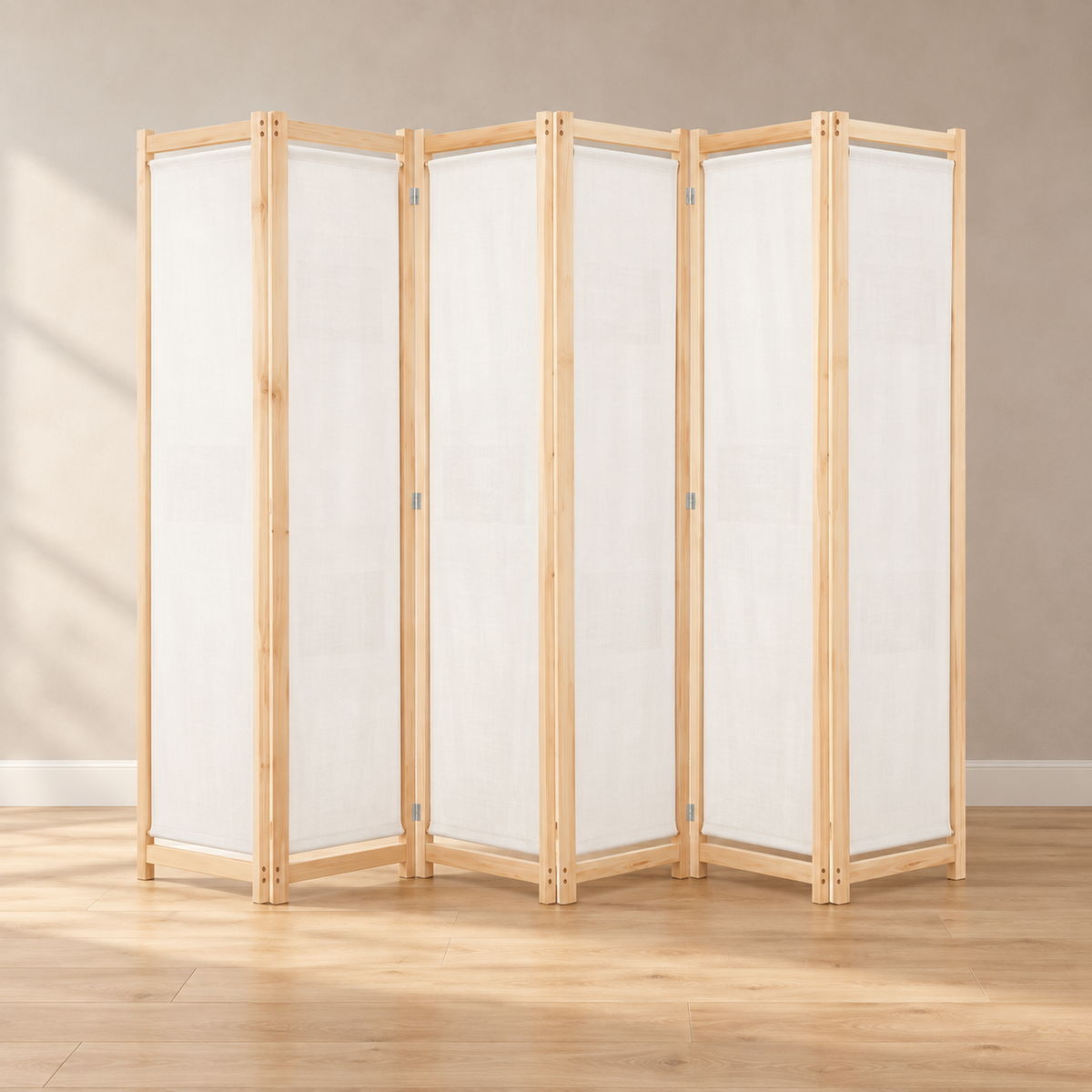 Paravent 6 panneaux tissu blanc crème, cadre bois, 240 x 170 cm — vue principale