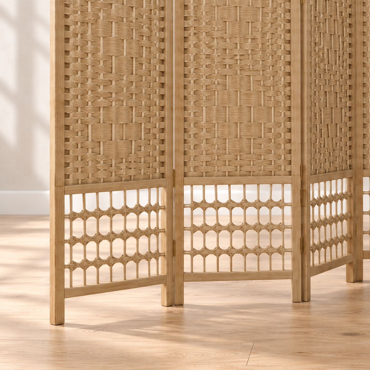 Paravent 6 panneaux bambou et corde tressée naturel, 240 x 170 cm — détail du bas