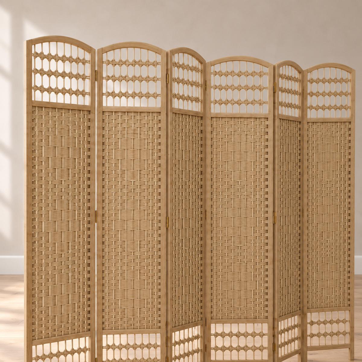Paravent 6 panneaux bambou et corde tressée naturel, 240 x 170 cm — détail du haut
