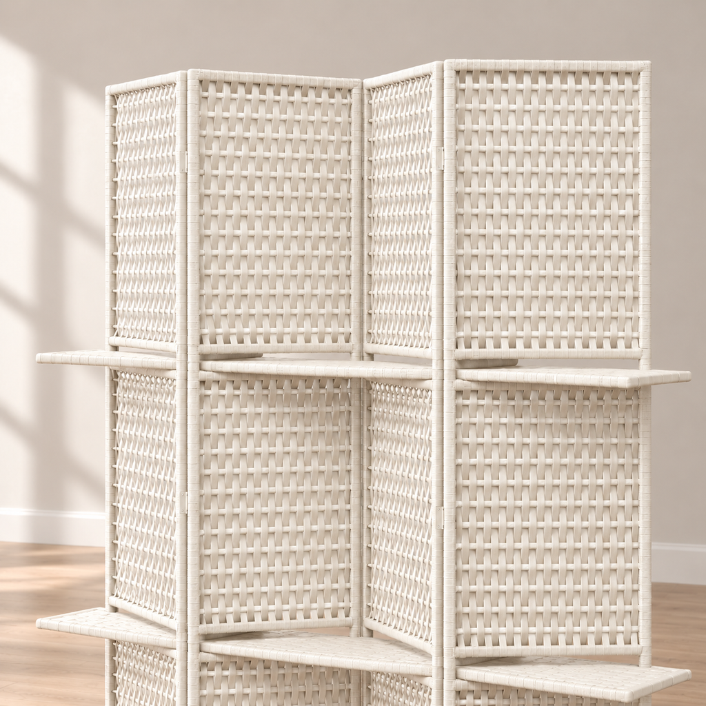 Paravent 4 panneaux bambou avec 2 étagères, 181 x 180 cm — détail du haut