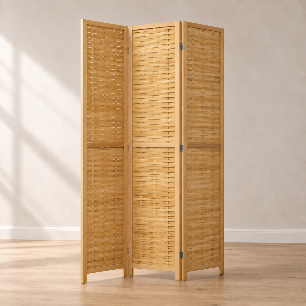 Paravent 3 panneaux bambou tressé, cadre pin, 135 x 180 cm — autre angle