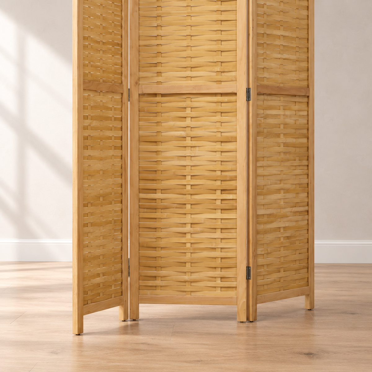Paravent 3 panneaux bambou tressé, cadre pin, 135 x 180 cm — détail du bas