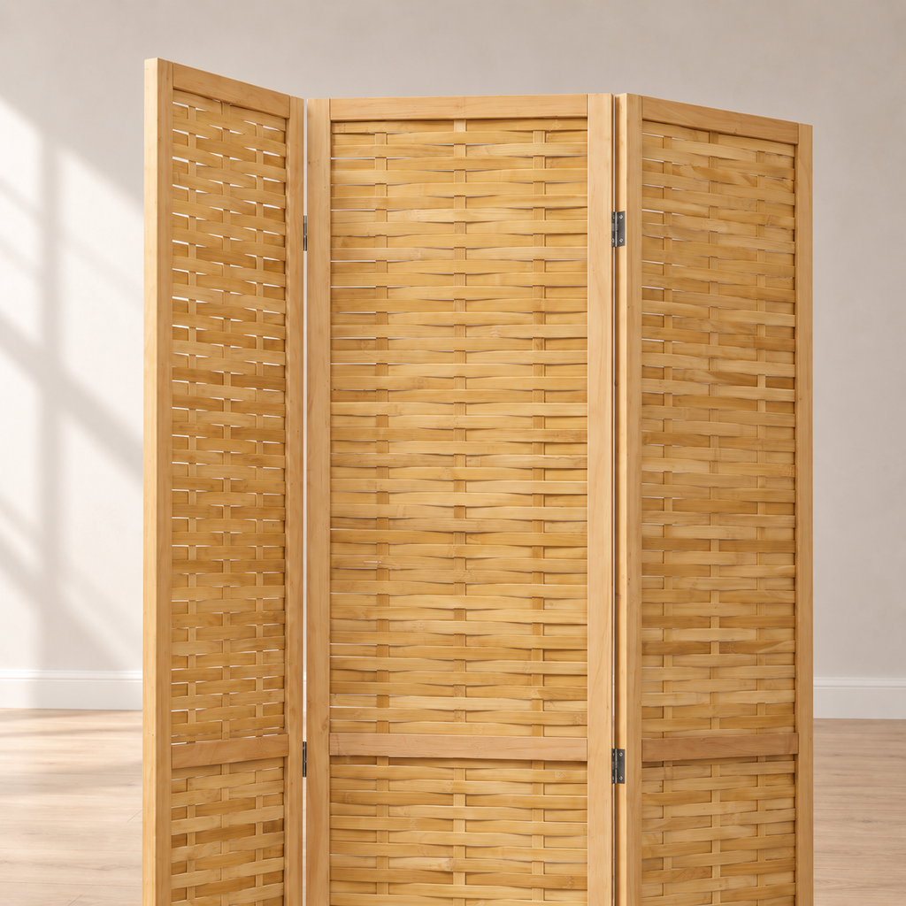 Paravent 3 panneaux bambou tressé, cadre pin, 135 x 180 cm — détail du haut