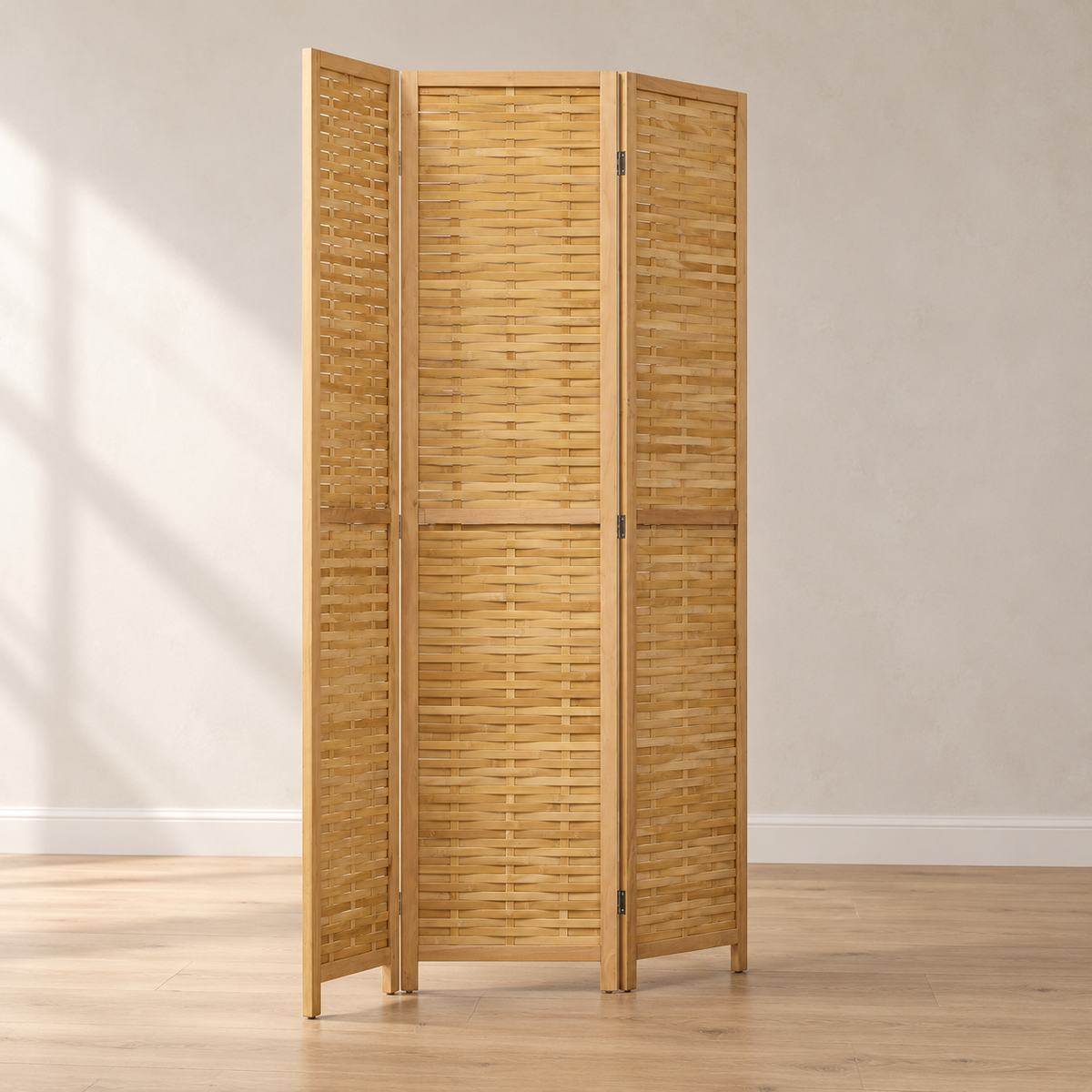 Paravent 3 panneaux bambou tressé, cadre pin, 135 x 180 cm — vue principale