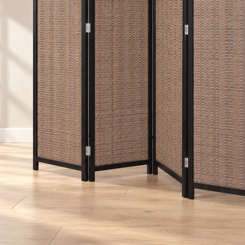 Paravent 4 panneaux bambou tressé, cadre pin, 180 x 180 cm — détail du bas