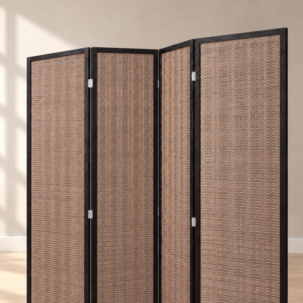 Paravent 4 panneaux bambou tressé, cadre pin, 180 x 180 cm — détail du haut