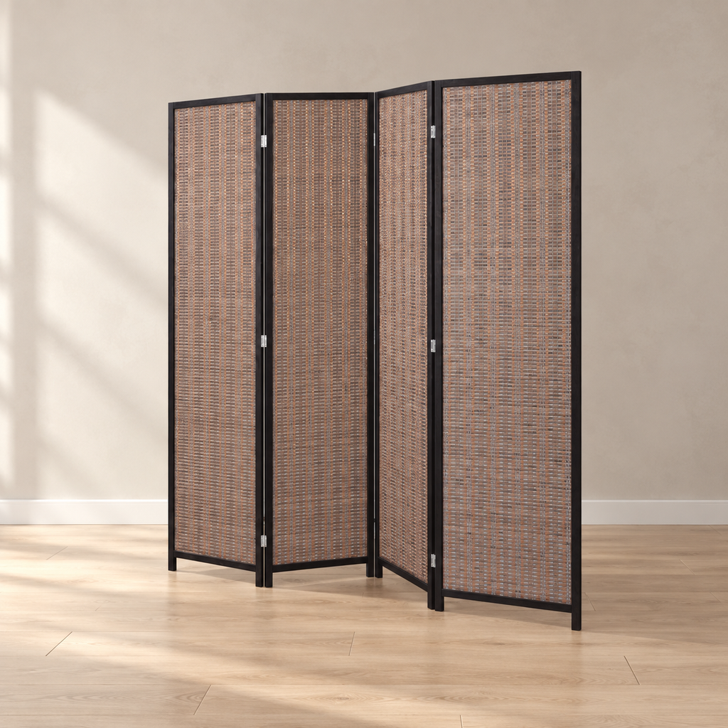 Paravent 4 panneaux bambou tressé, cadre pin, 180 x 180 cm — vue principale