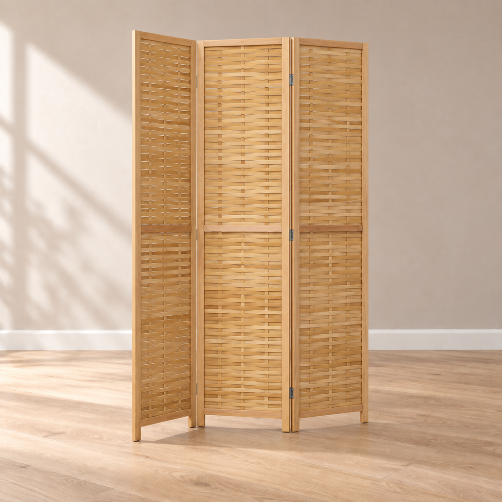 Paravent 3 panneaux bambou tressé naturel, 120 x 170 cm — autre angle