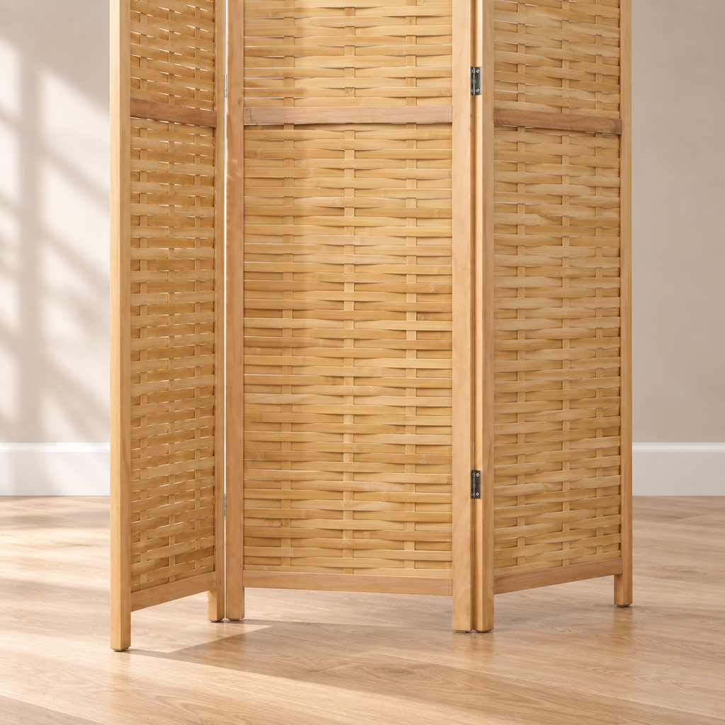 Paravent 3 panneaux bambou tressé naturel, 120 x 170 cm — détail du bas