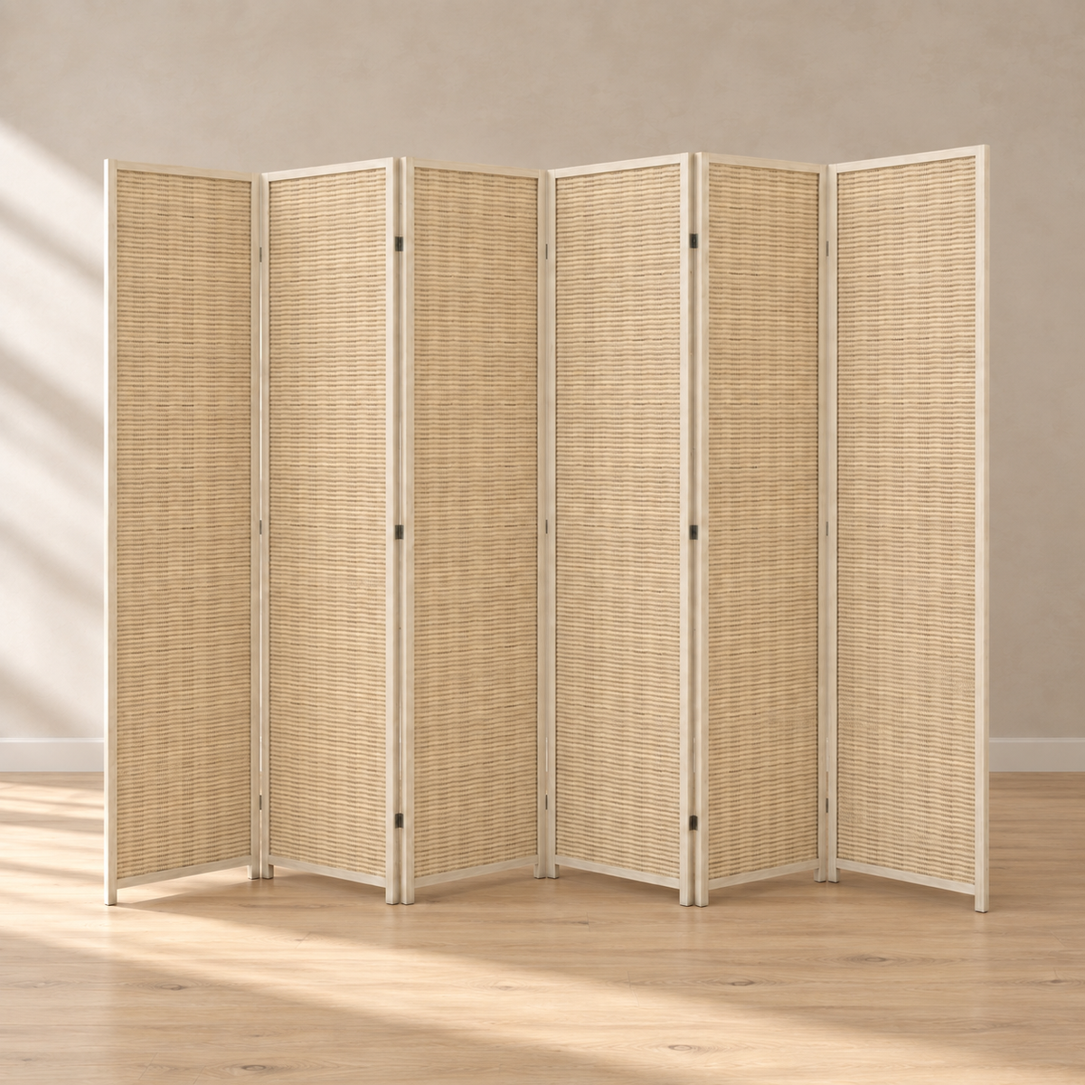 Paravent 6 panneaux bambou tressé naturel, cadre pin, 270 x 180 cm — autre angle
