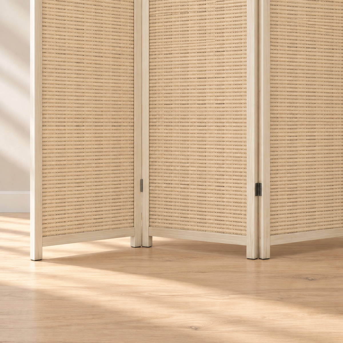 Paravent 6 panneaux bambou tressé naturel, cadre pin, 270 x 180 cm — détail du bas
