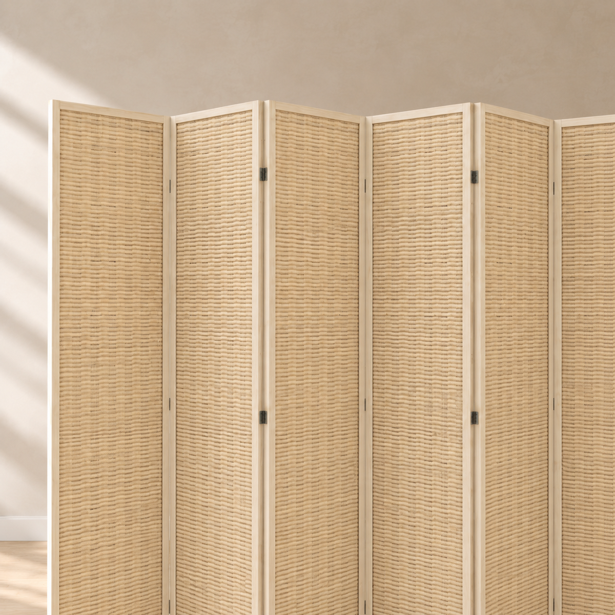 Paravent 6 panneaux bambou tressé naturel, cadre pin, 270 x 180 cm — détail du haut
