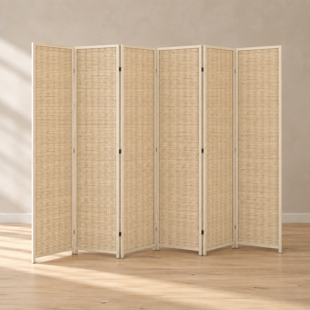 Paravent 6 panneaux bambou tressé naturel, cadre pin, 270 x 180 cm — vue principale