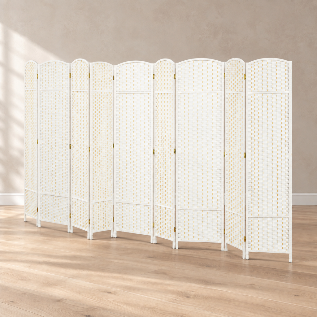 Paravent 8 panneaux tressé blanc, cadre pin, 320 x 170 cm — autre angle