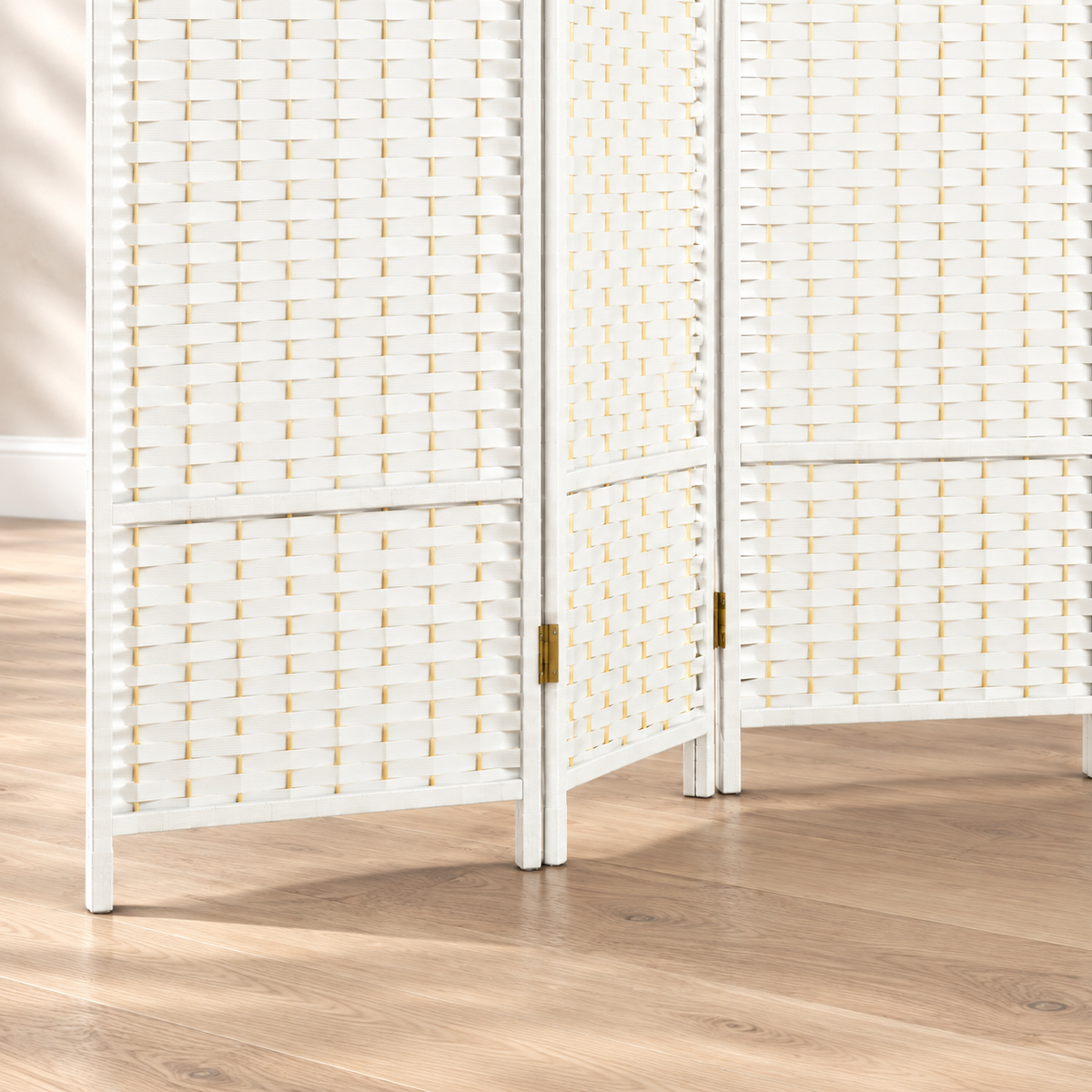Paravent 8 panneaux tressé blanc, cadre pin, 320 x 170 cm — détail du bas