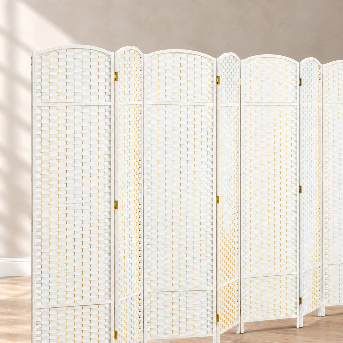 Paravent 8 panneaux tressé blanc, cadre pin, 320 x 170 cm — détail du haut
