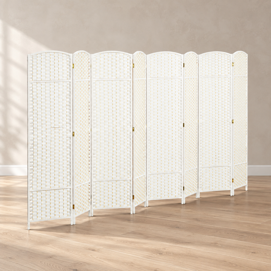 Paravent 8 panneaux tressé blanc, cadre pin, 320 x 170 cm — vue principale