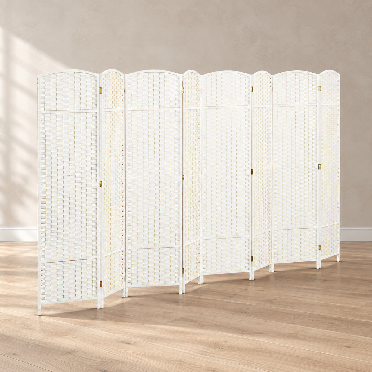 Paravent 8 panneaux tressé blanc, cadre pin, 320 x 170 cm — vue principale