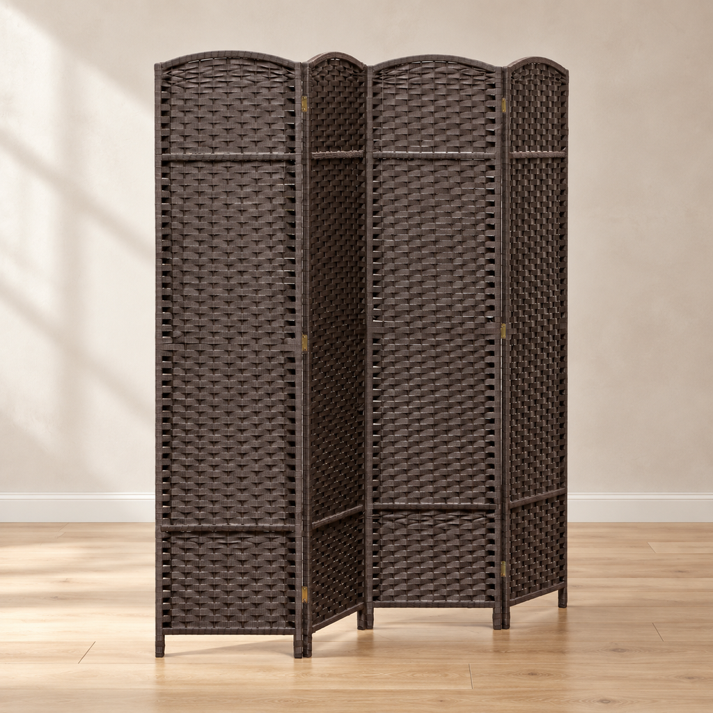 Paravent 4 panneaux tressé à sommet arrondi, cadre pin, 160 x 170 cm — vue principale