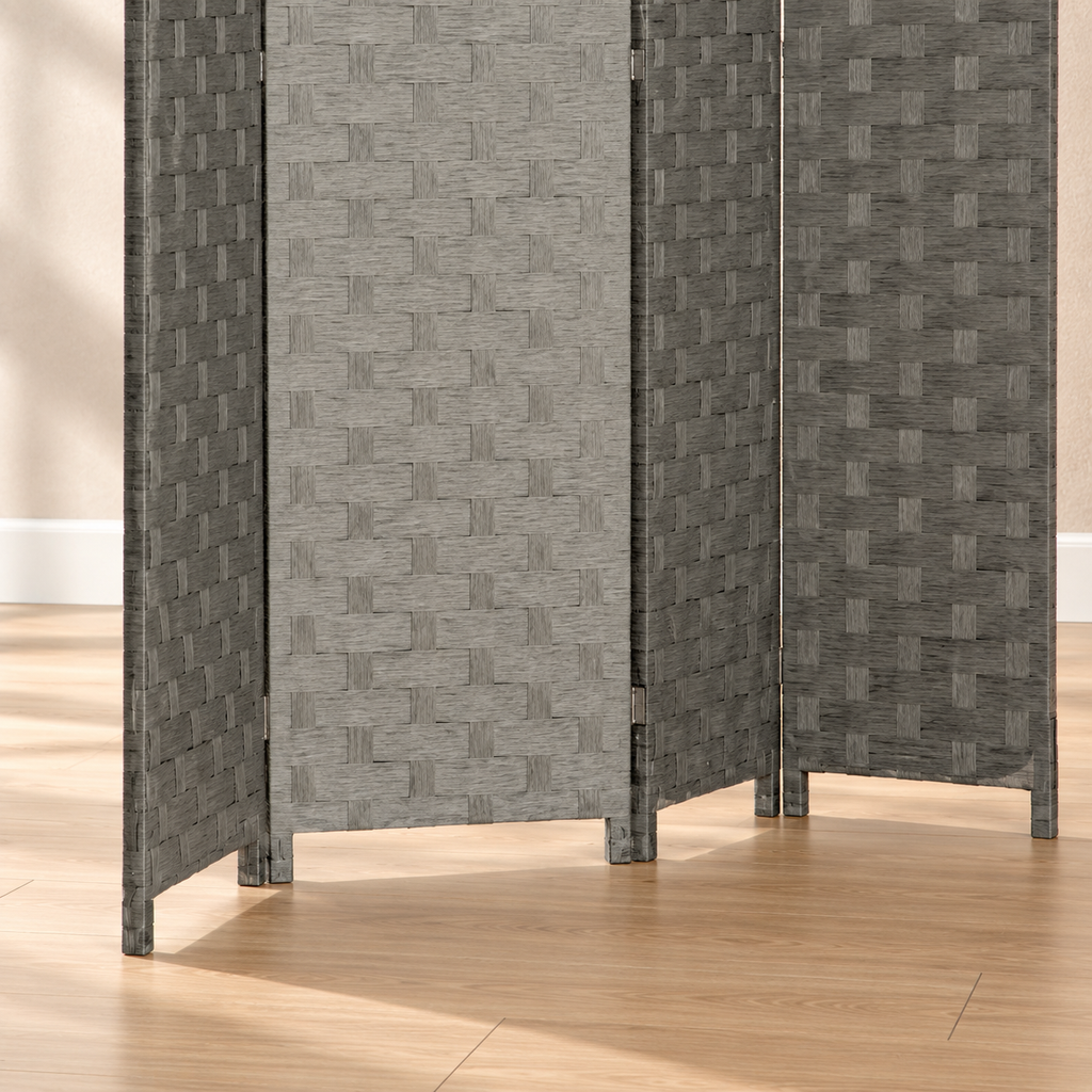 Paravent 4 panneaux effet rotin, cadre pin, 159,5 x 169,5 cm — détail du bas
