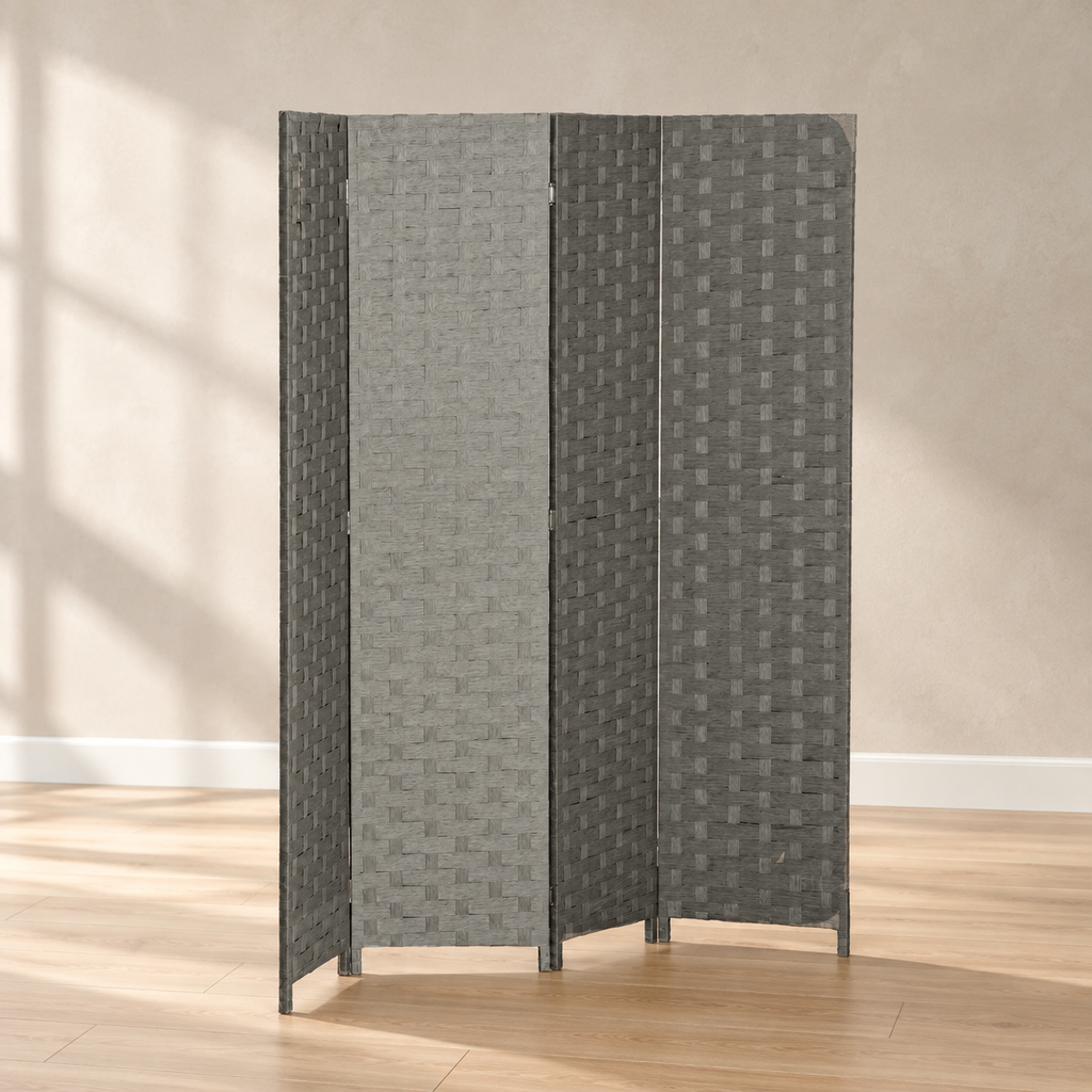 Paravent 4 panneaux effet rotin, cadre pin, 159,5 x 169,5 cm — vue principale