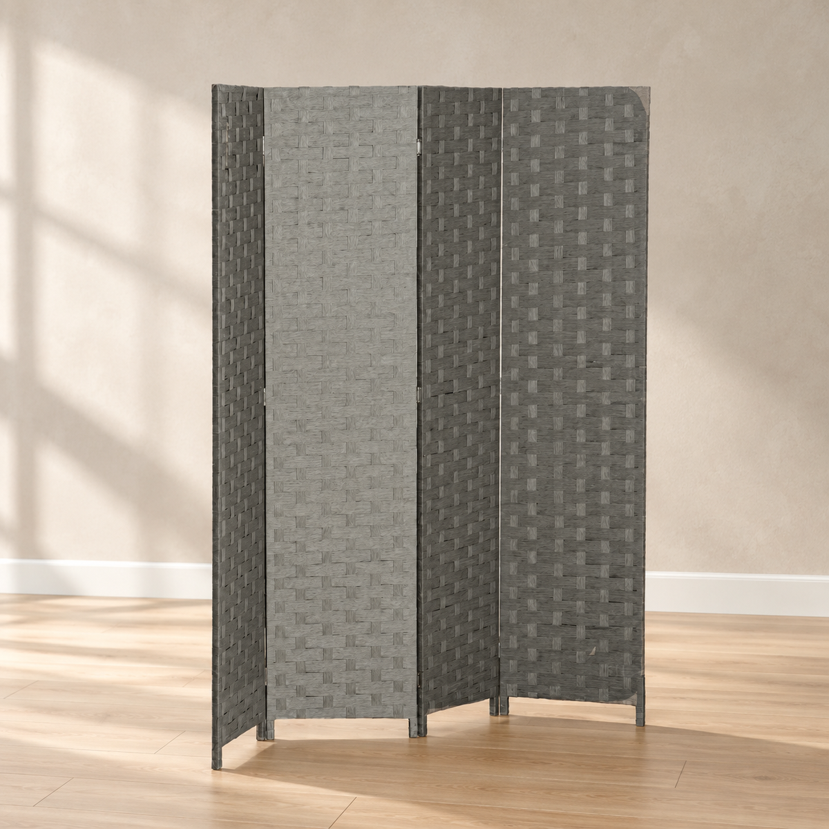 Paravent 4 panneaux effet rotin, cadre pin, 159,5 x 169,5 cm — vue principale