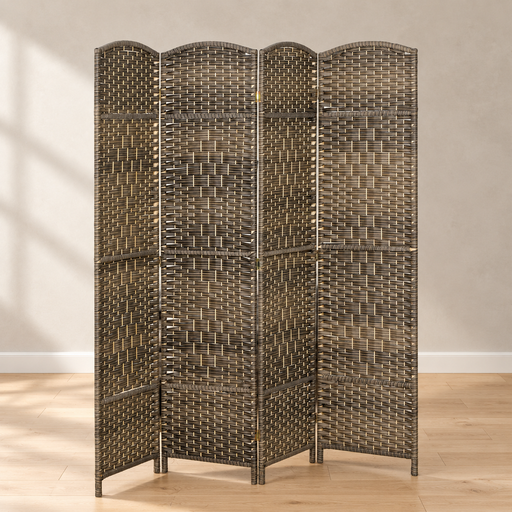 Paravent 4 panneaux tressé à sommet arrondi, cadre pin, 180 x 180 cm — vue principale