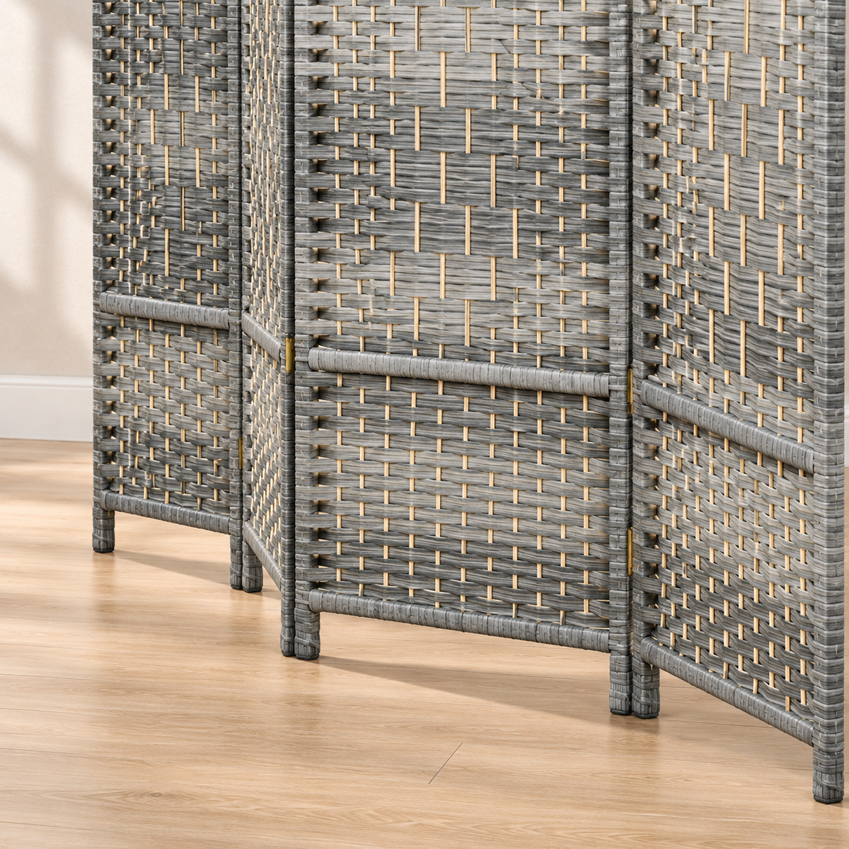 Paravent 6 panneaux tressé gris à sommet arrondi, 270 x 180 cm — détail du bas