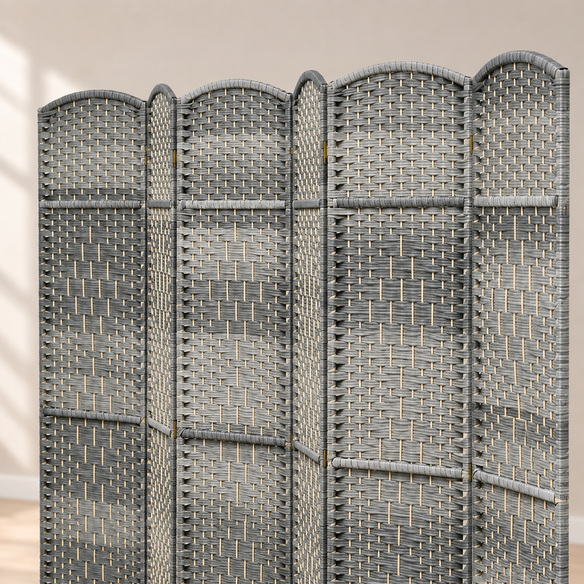 Paravent 6 panneaux tressé gris à sommet arrondi, 270 x 180 cm — détail du haut