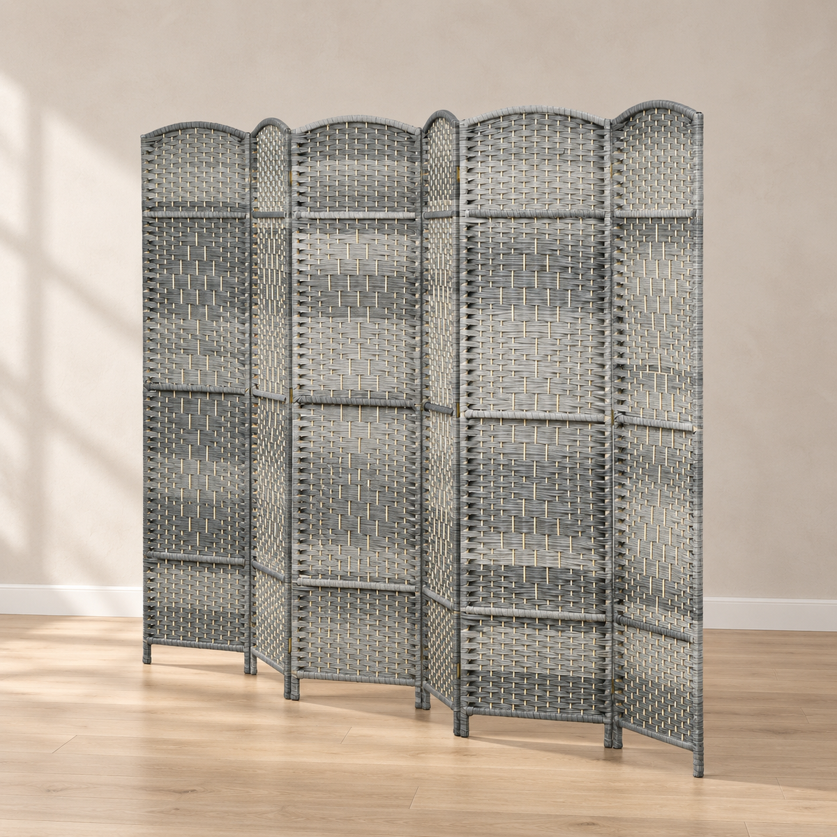 Paravent 6 panneaux tressé gris à sommet arrondi, 270 x 180 cm — vue principale