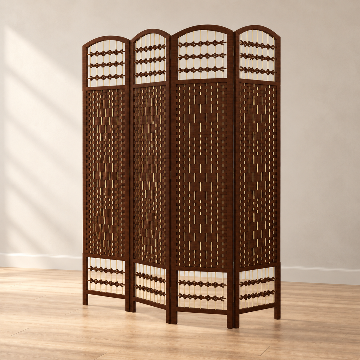 Paravent 4 panneaux tressé marron, bois massif, 160 x 170 cm — autre angle