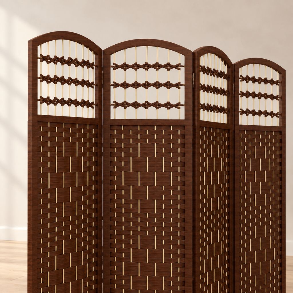 Paravent 4 panneaux tressé marron, bois massif, 160 x 170 cm — détail du haut