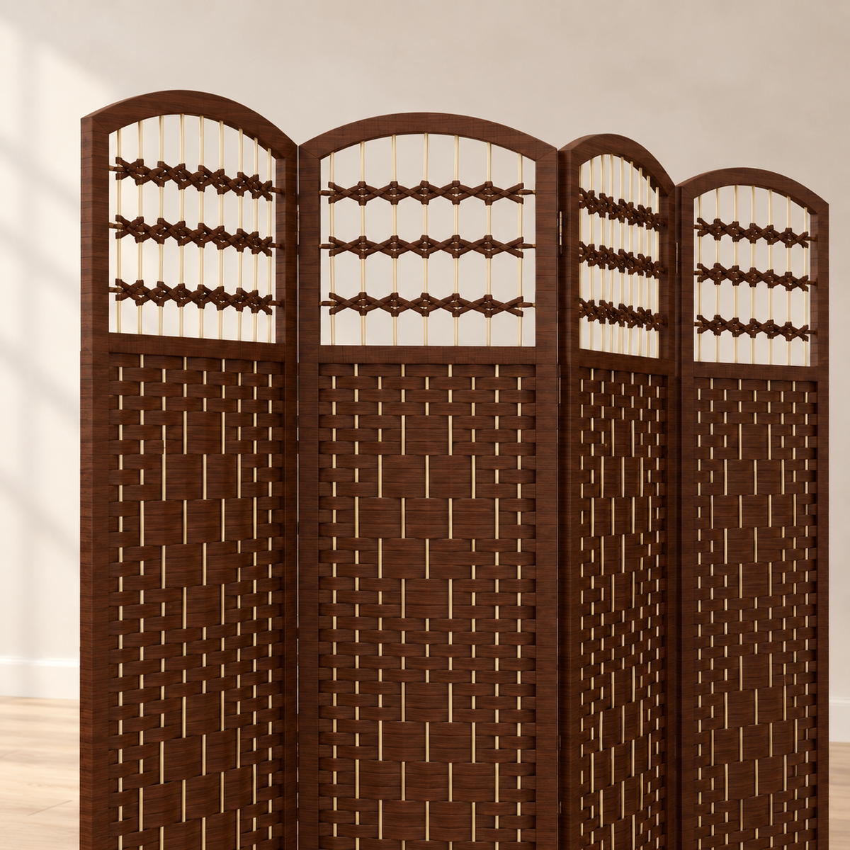 Paravent 4 panneaux tressé marron, bois massif, 160 x 170 cm — détail du haut