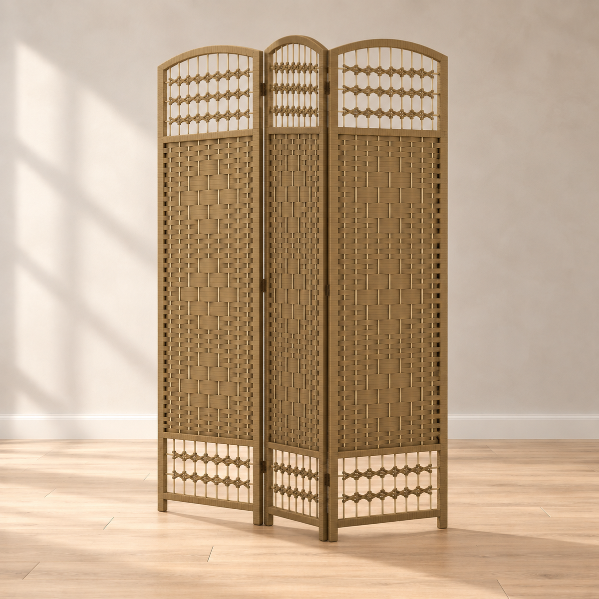 Paravent 3 panneaux tressé, cadre bois, 120 x 170 cm — autre angle