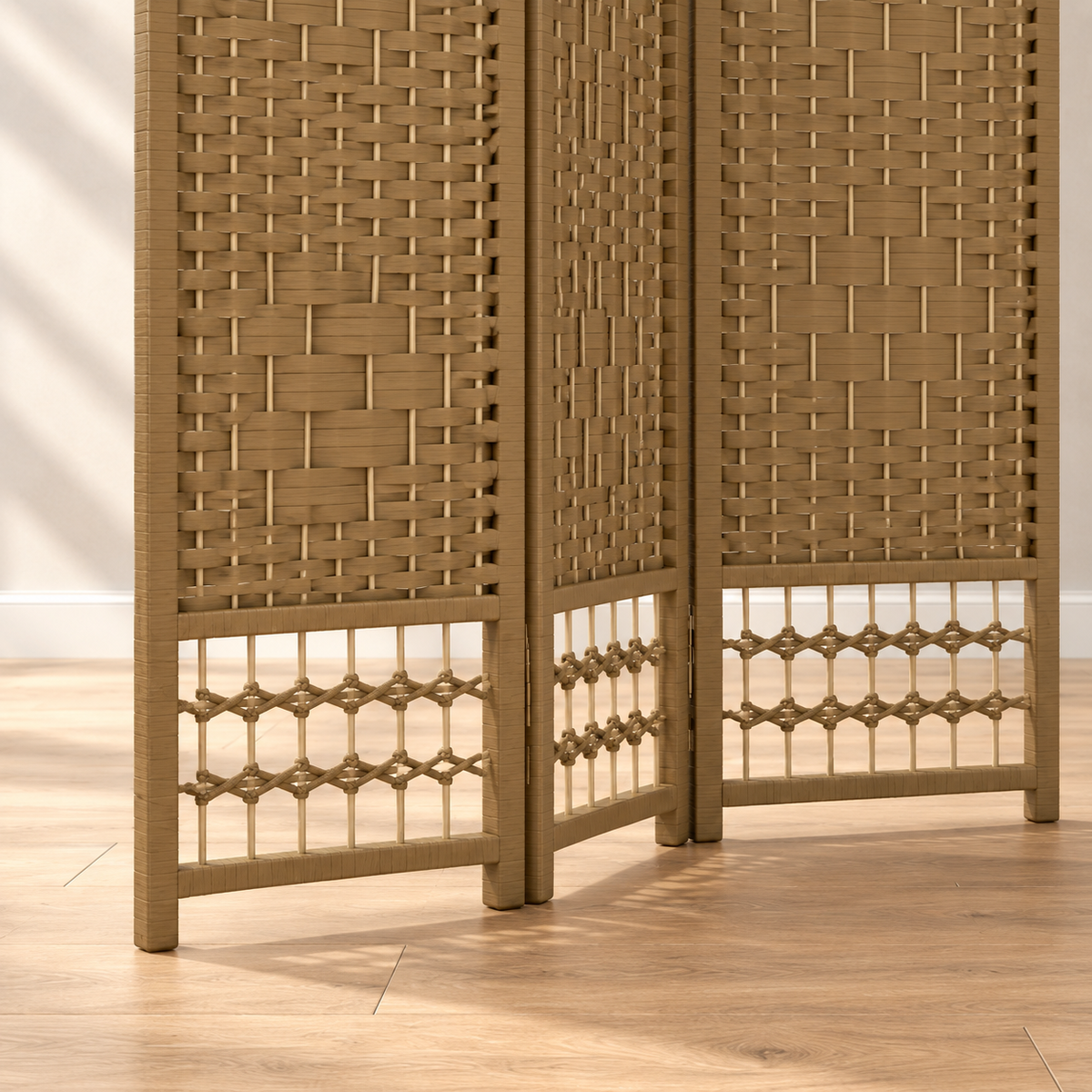 Paravent 3 panneaux tressé, cadre bois, 120 x 170 cm — détail du bas
