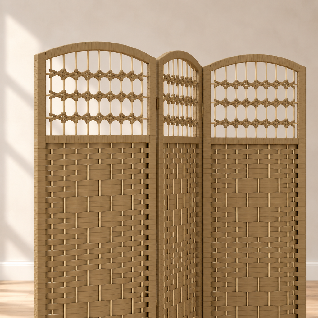 Paravent 3 panneaux tressé, cadre bois, 120 x 170 cm — détail du haut