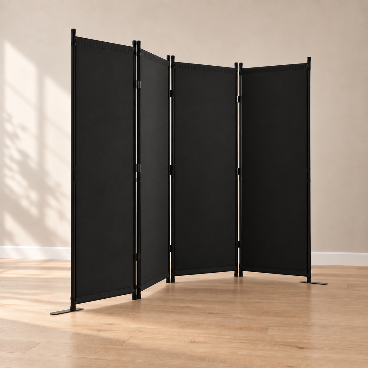 Paravent 4 panneaux tissu occultant noir, cadre métal, 228 x 172,5 cm — autre angle