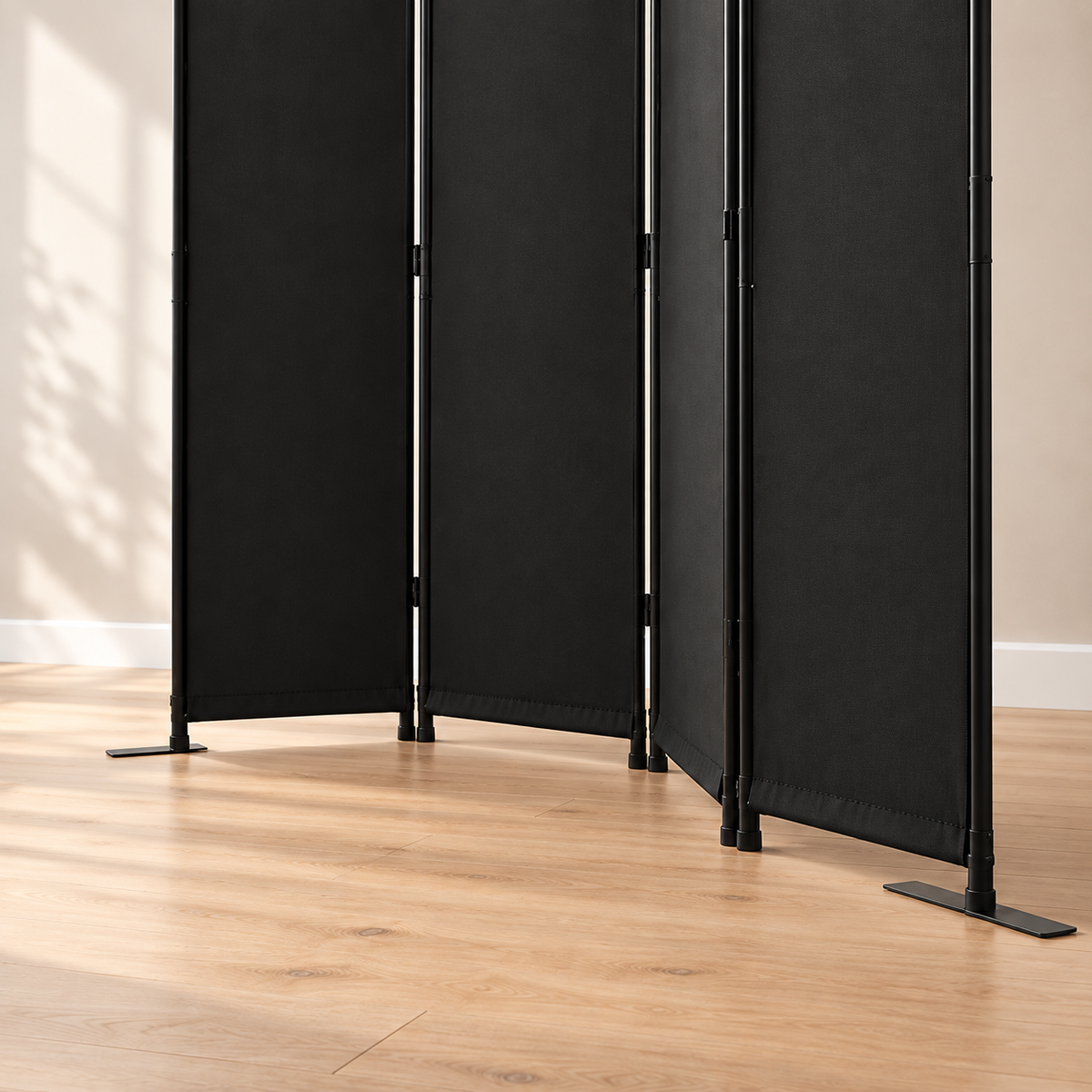 Paravent 4 panneaux tissu occultant noir, cadre métal, 228 x 172,5 cm — détail du bas