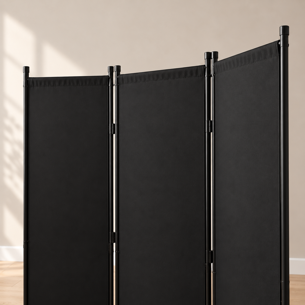 Paravent 4 panneaux tissu occultant noir, cadre métal, 228 x 172,5 cm — détail du haut