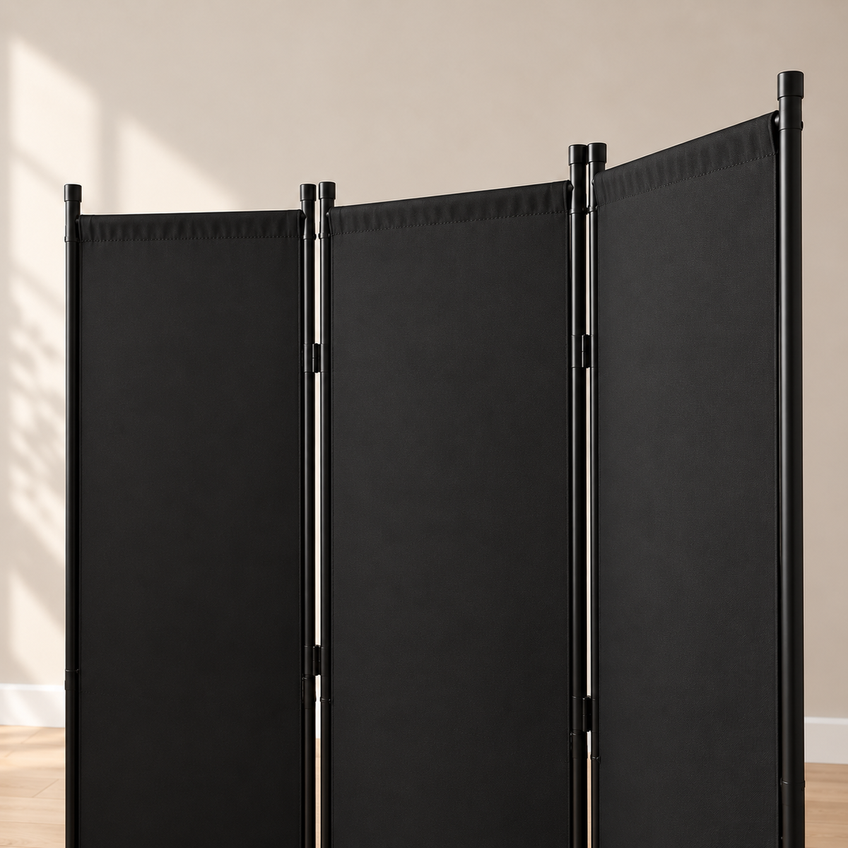Paravent 4 panneaux tissu occultant noir, cadre métal, 228 x 172,5 cm — détail du haut