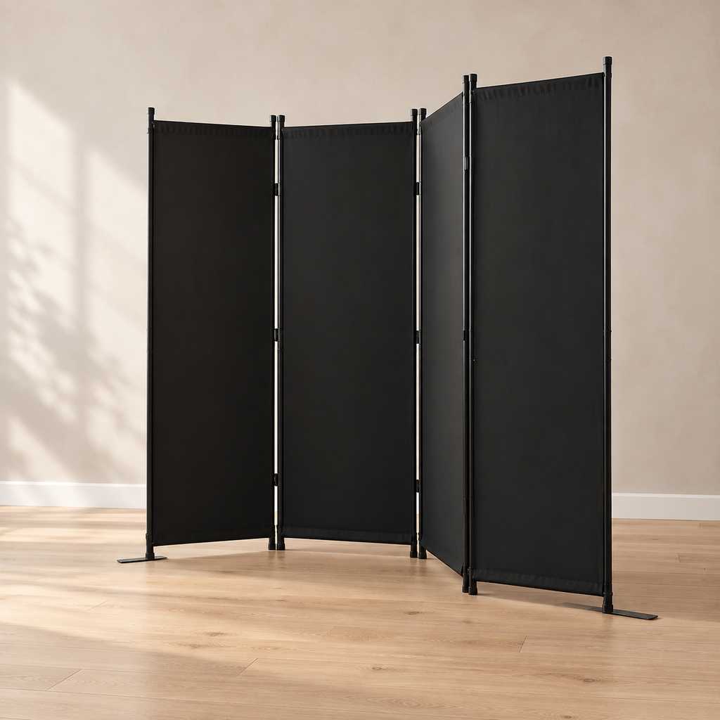Paravent 4 panneaux tissu occultant noir, cadre métal, 228 x 172,5 cm — vue principale