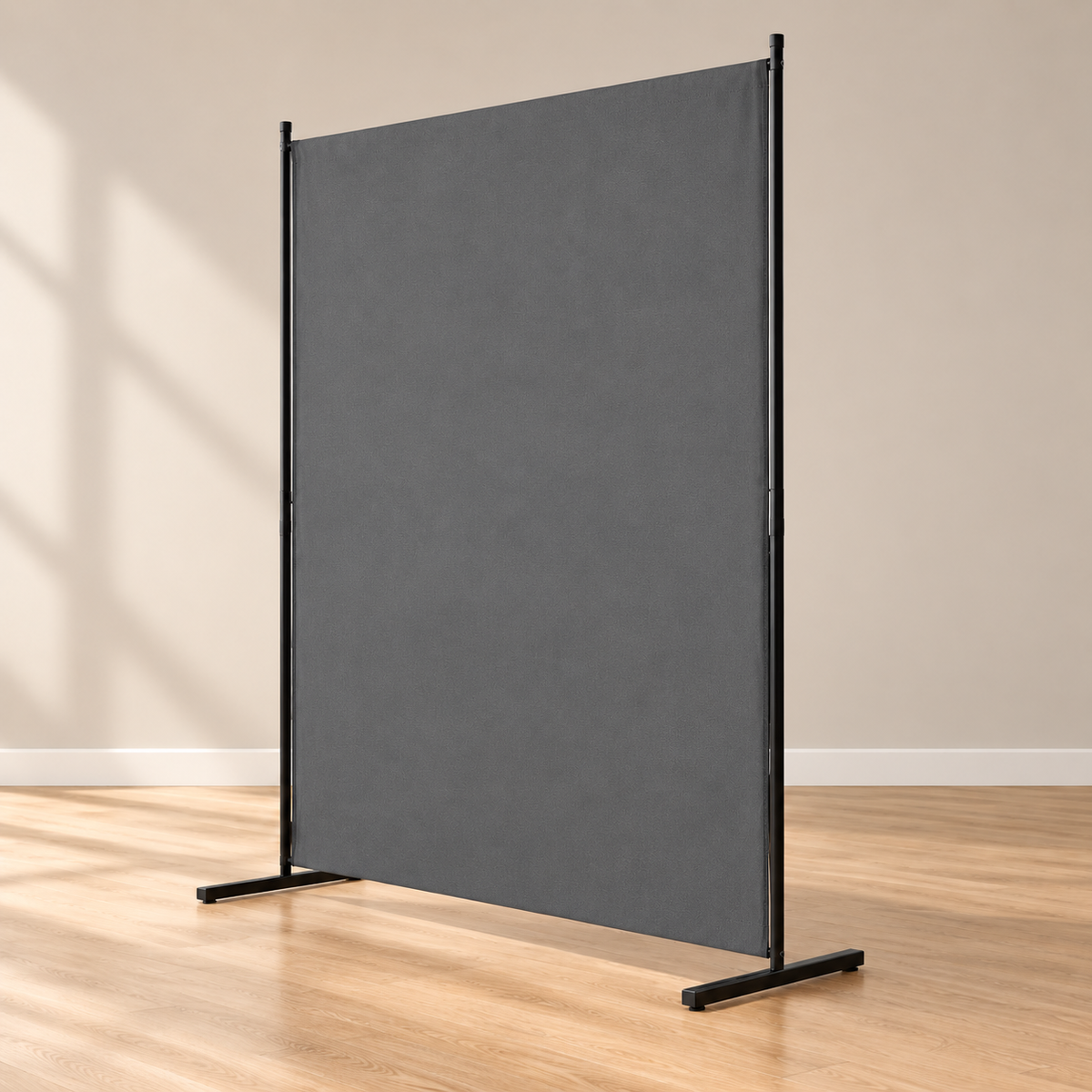 Paravent panneau unique tissu gris, cadre fer, 181 x 181,5 cm — autre angle