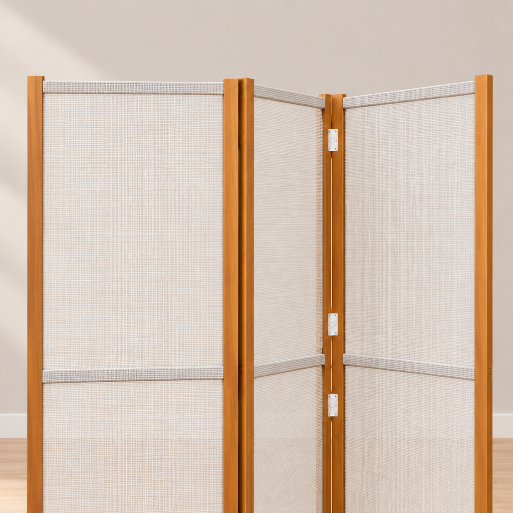 Paravent 3 panneaux acacia massif et textilène, 210 x 180 cm — détail du haut