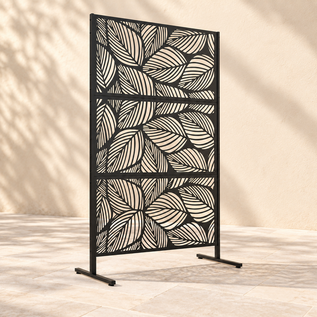 Brise-vue métal noir motif végétal, 122 x 198 cm — autre angle